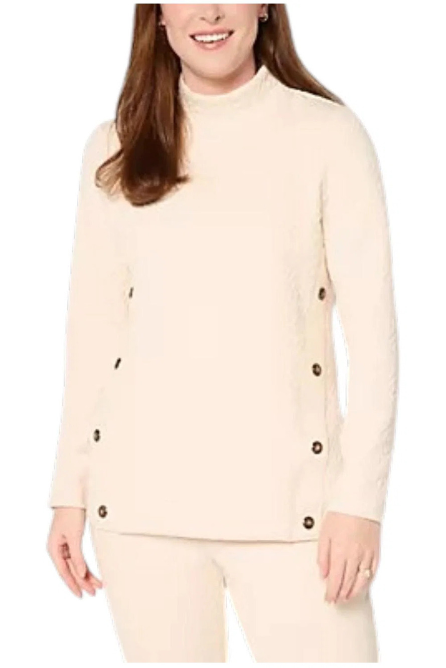 Denim & Co. Women's Jacquard Mock Neck Top Tapioca - Regular